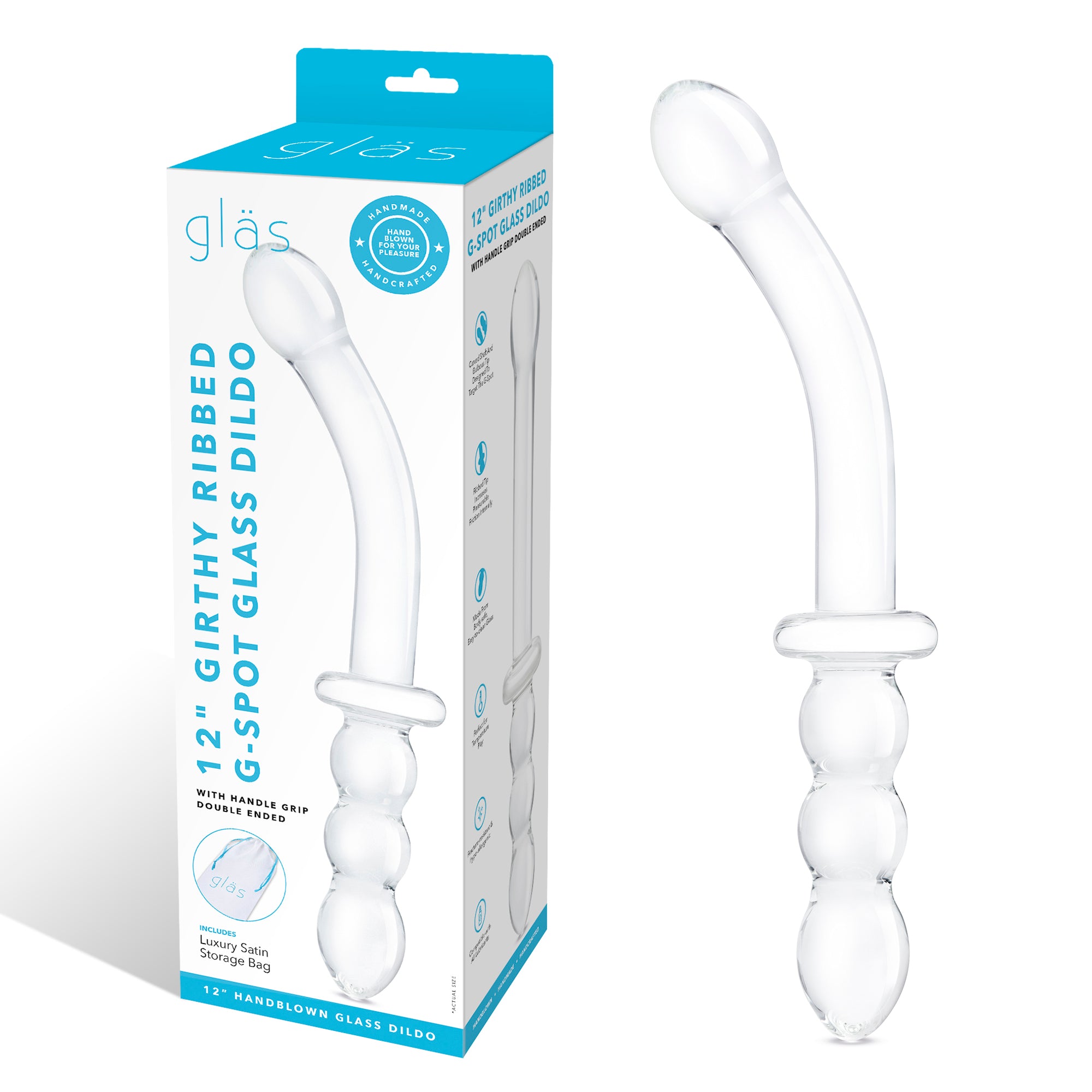 12" Girthy Ribbed G-Spot Glass Dildo With Handle Grip Double Ended