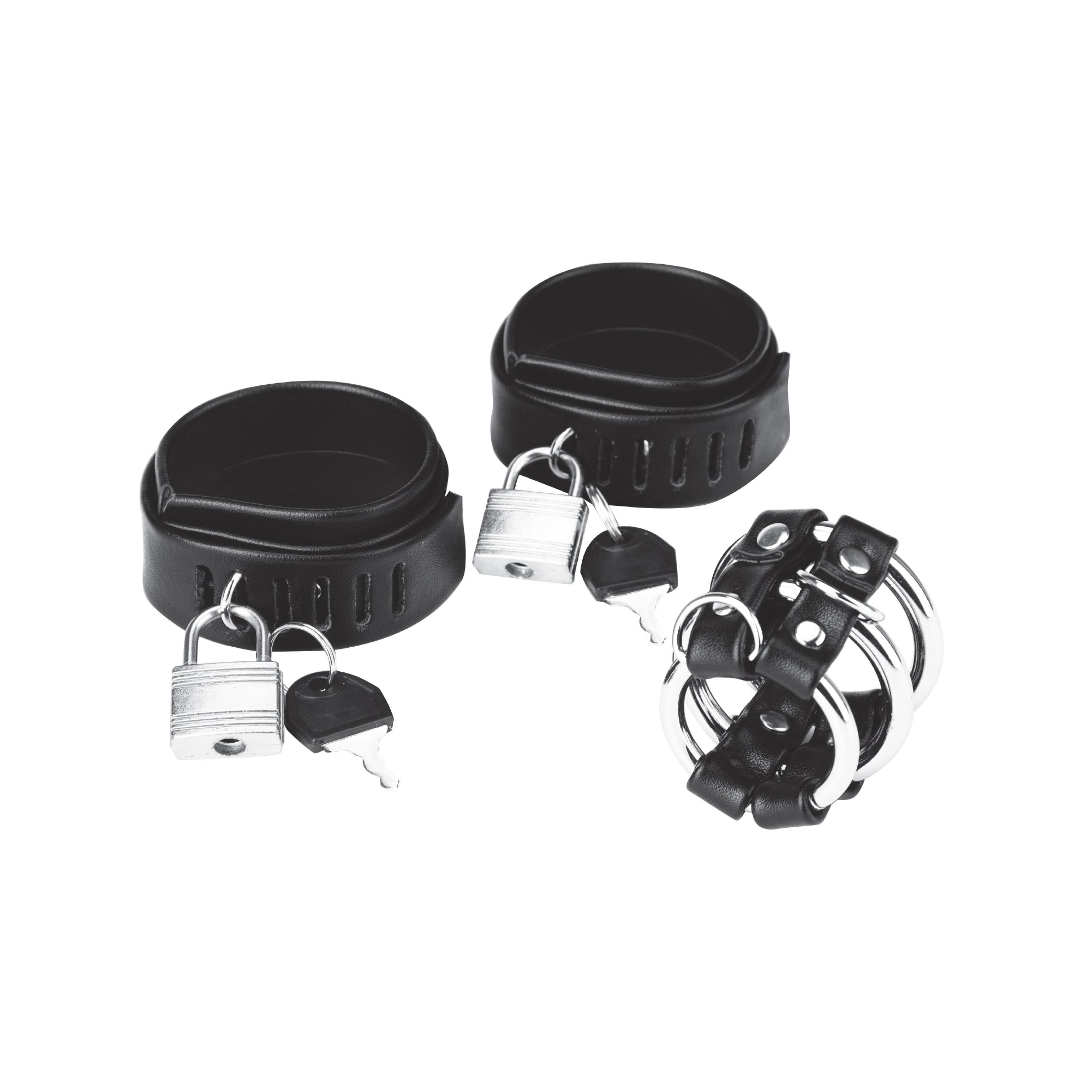 Locking Ball Stretcher, Cock Ring, And Three-Ring Cock Cage