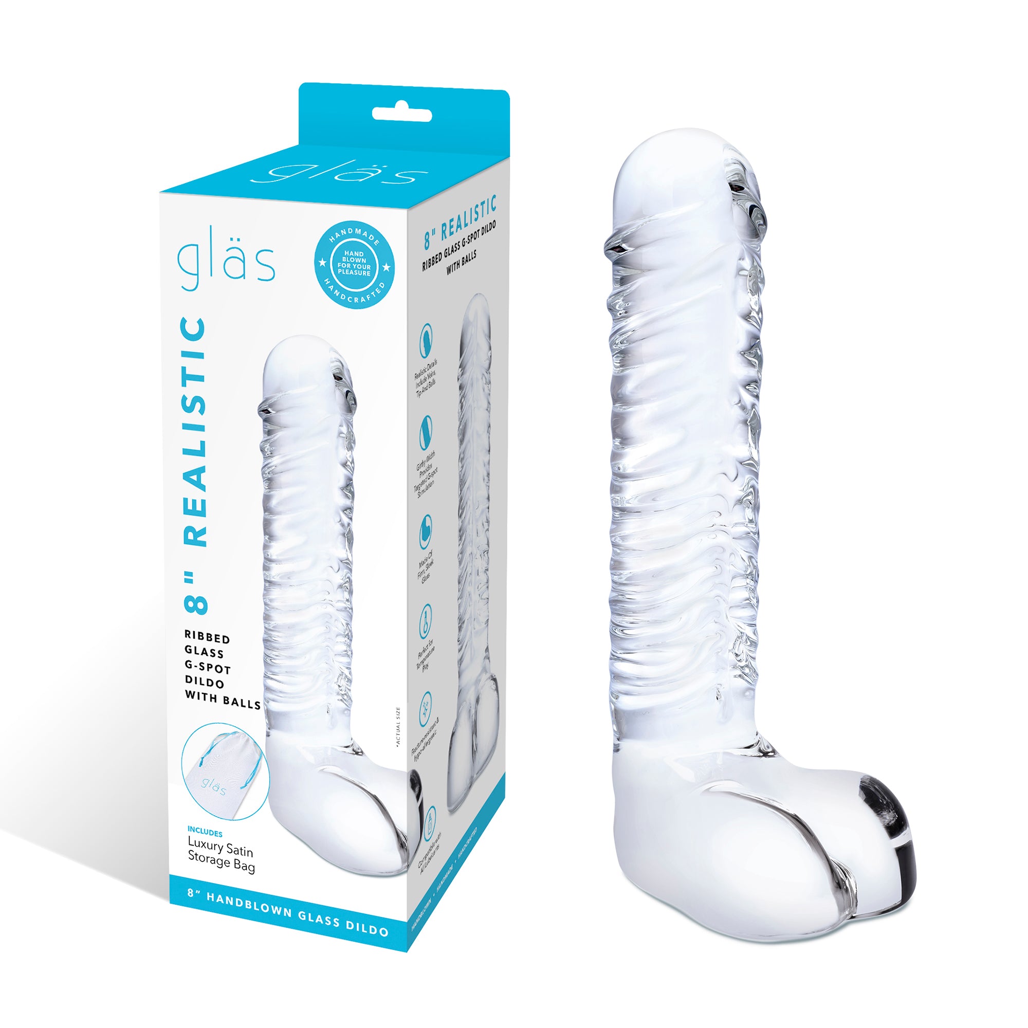 8" Realistic Ribbed Glass G-Spot Dildo with Balls