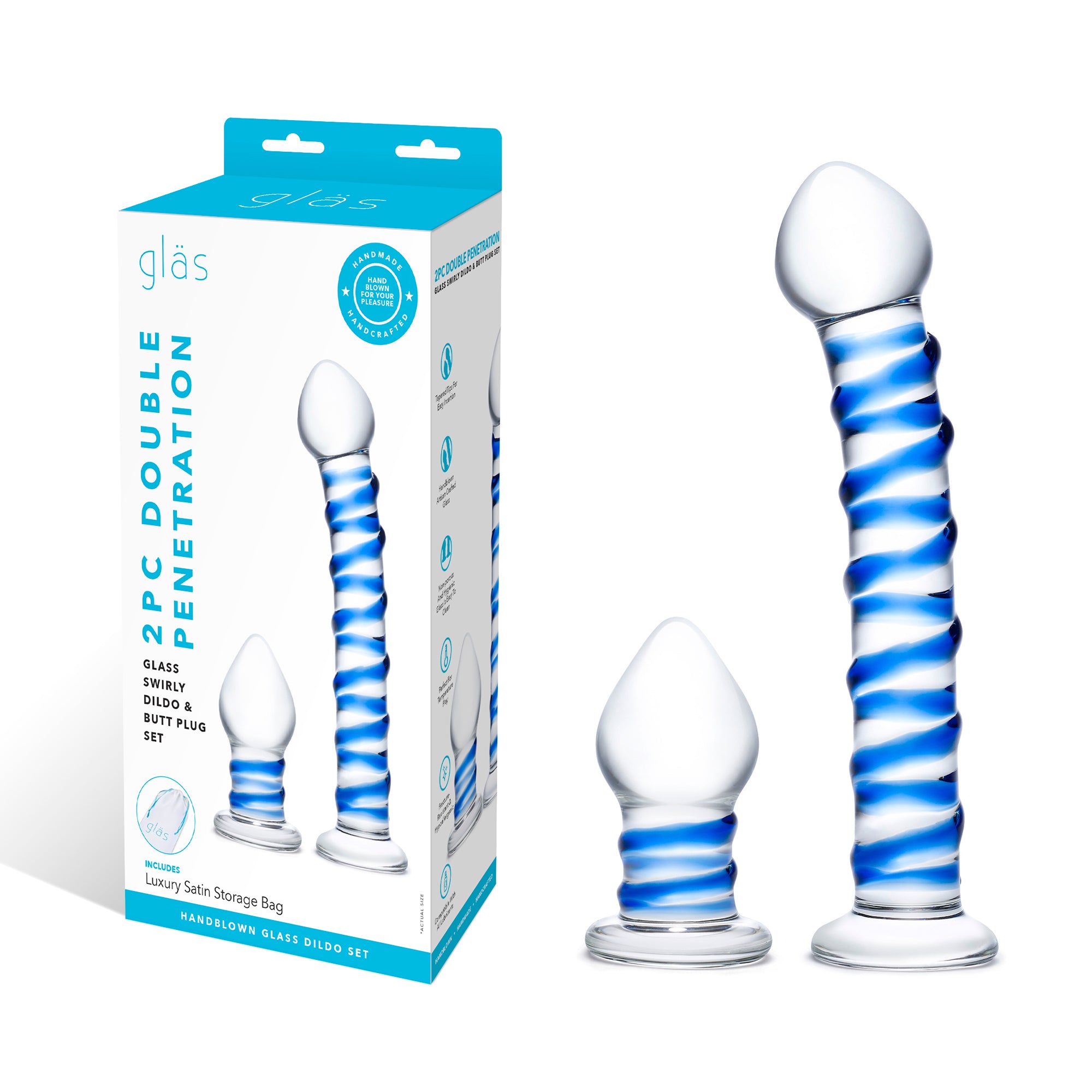 2PC double penetration glass Swirly Dildo & Buttplug Set