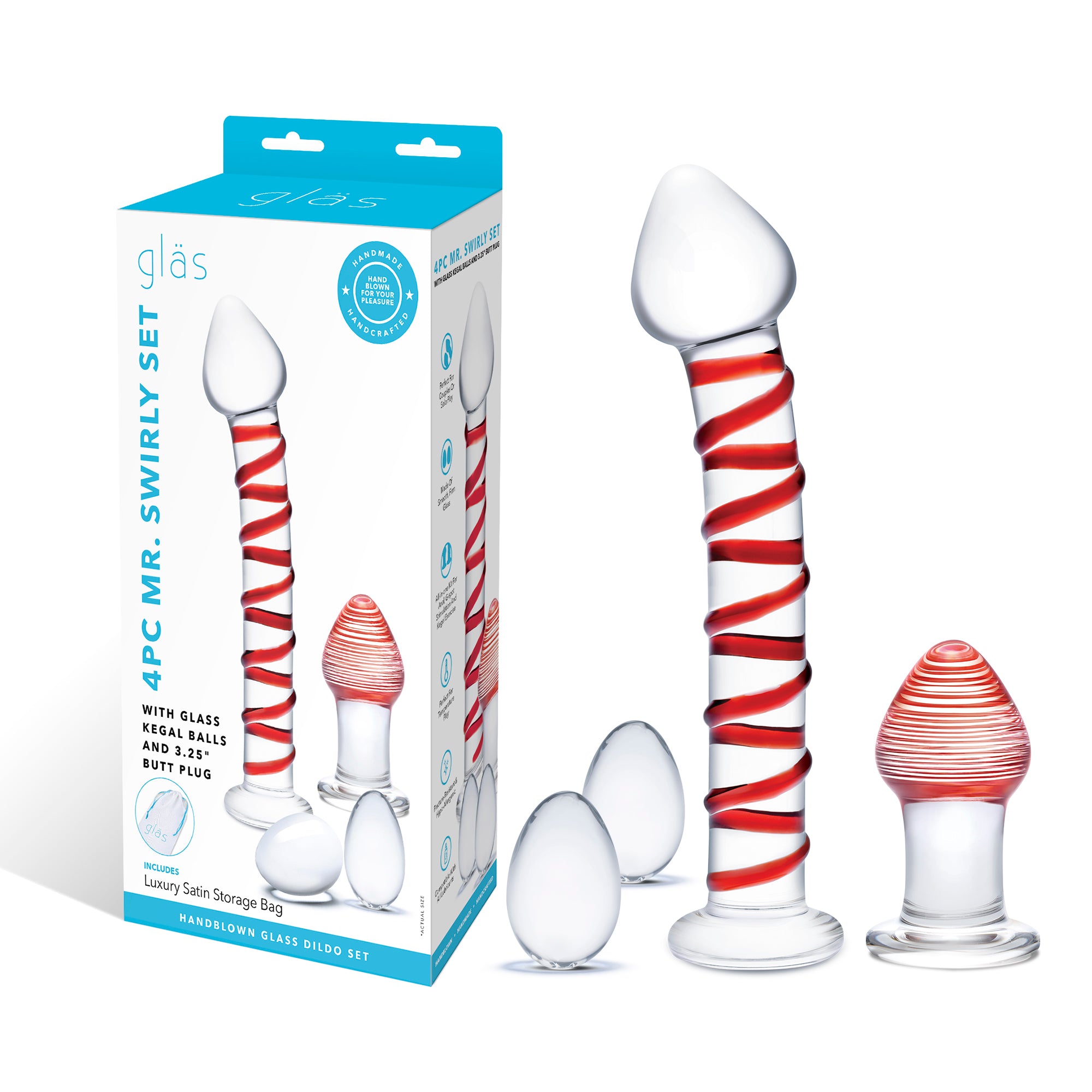 4PC Mr. Swirly Set with Glass Kegal balls and 3.25" buttplug