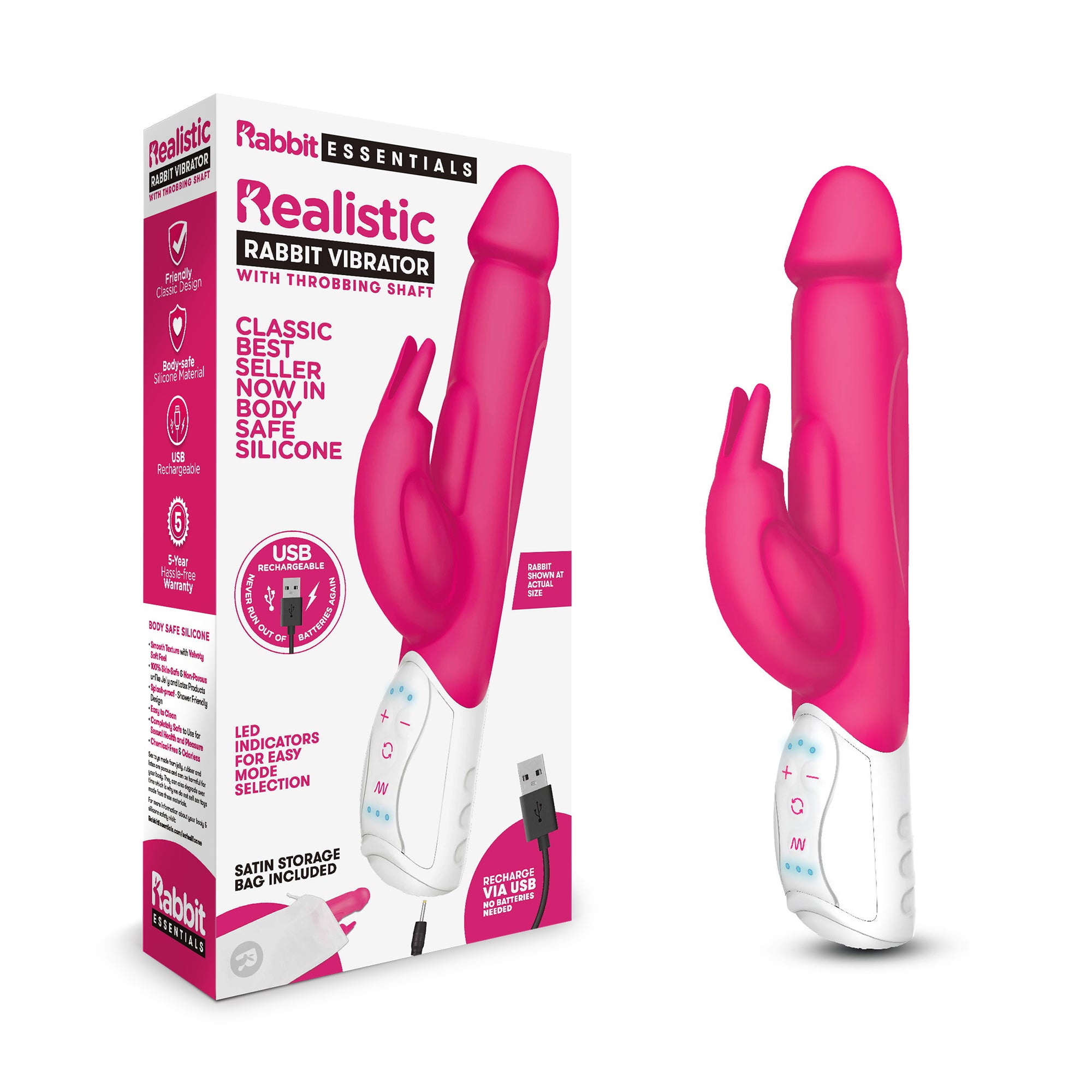 Rechargeable Realistic Rabbit - Hot Pink