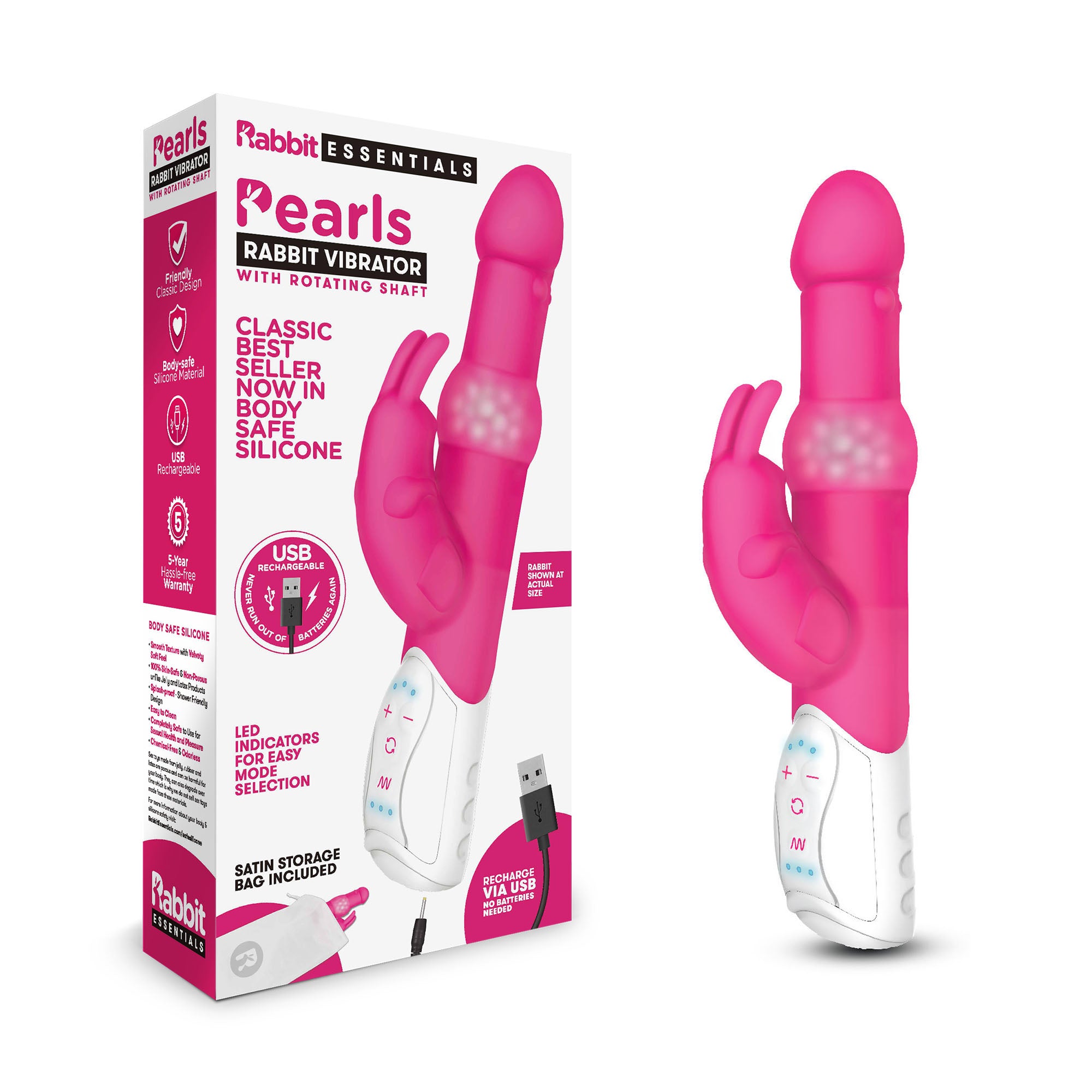 Rechargeable Pearls Rabbit Vibrator - Hot Pink