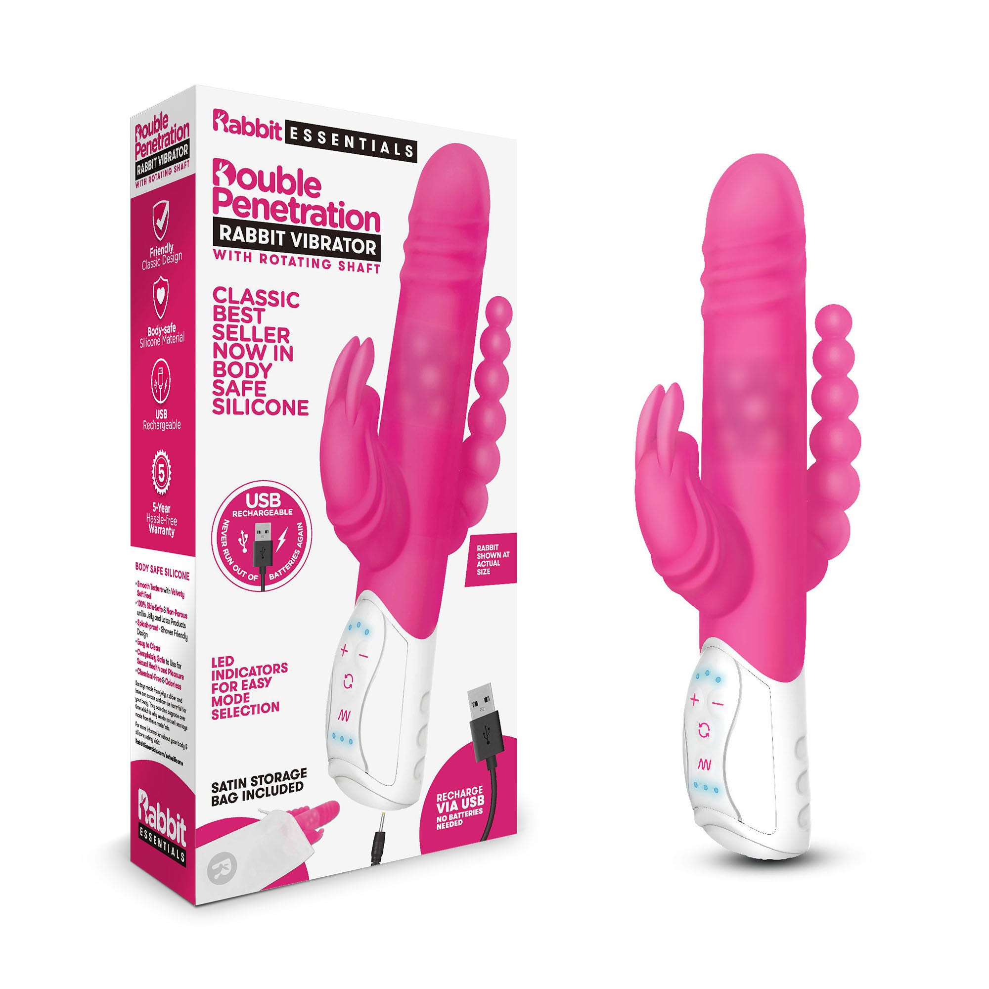 Rechargeable Double Penetration Rabbit Vibrator - Hot Pink