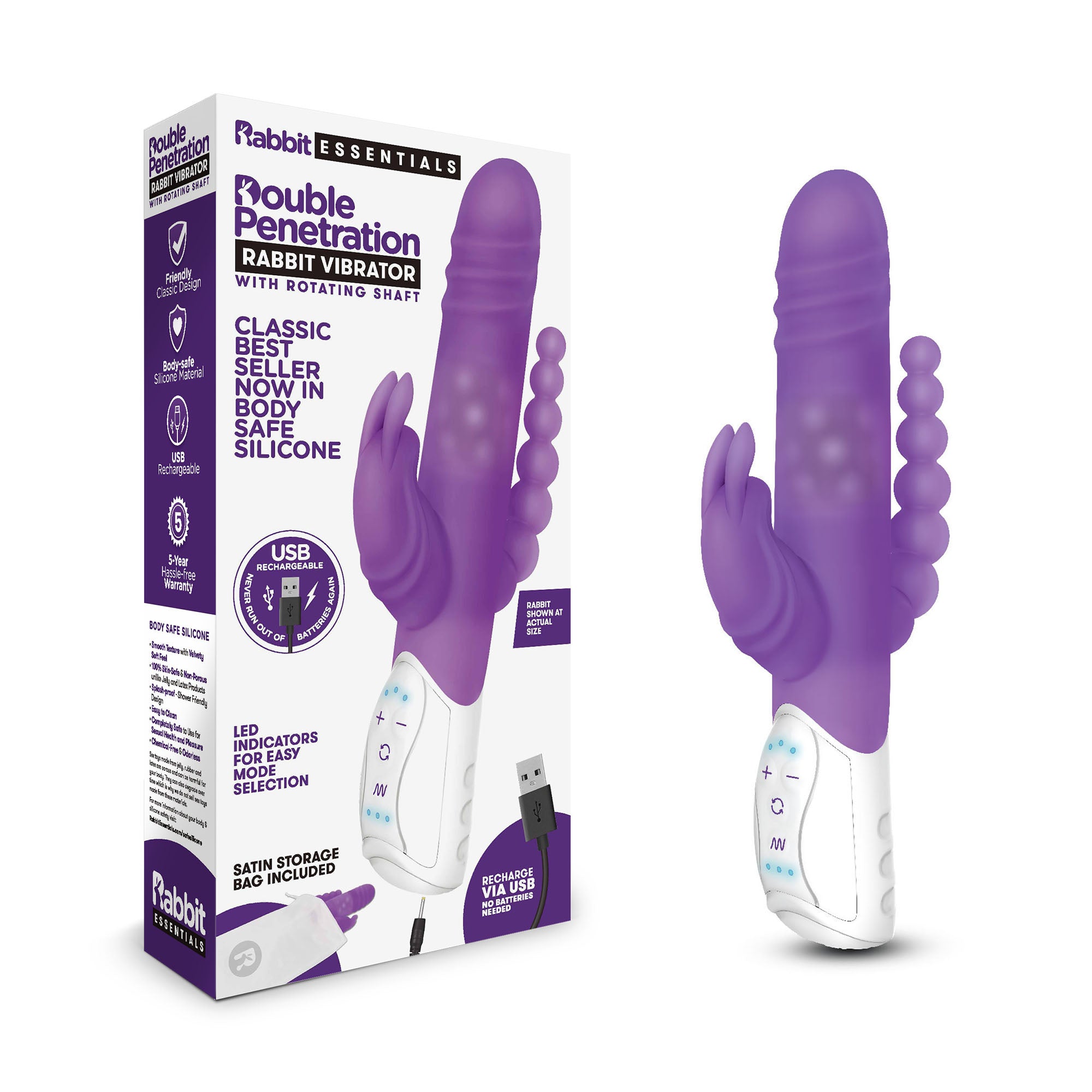 Rechargeable Double Penetration Rabbit Vibrator - Purple