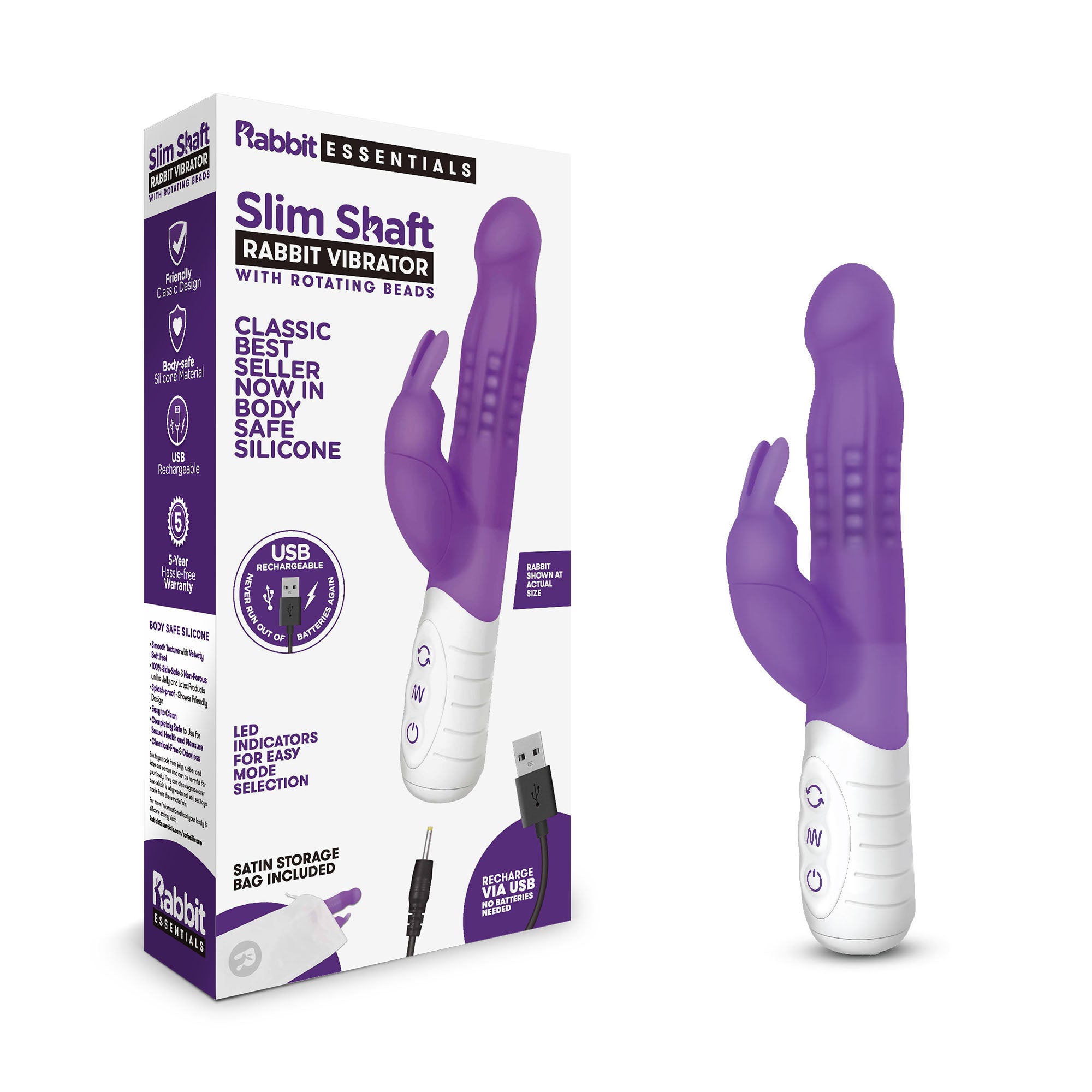 Rechargeable Slim Shaft Rabbit Vibrator - Purple