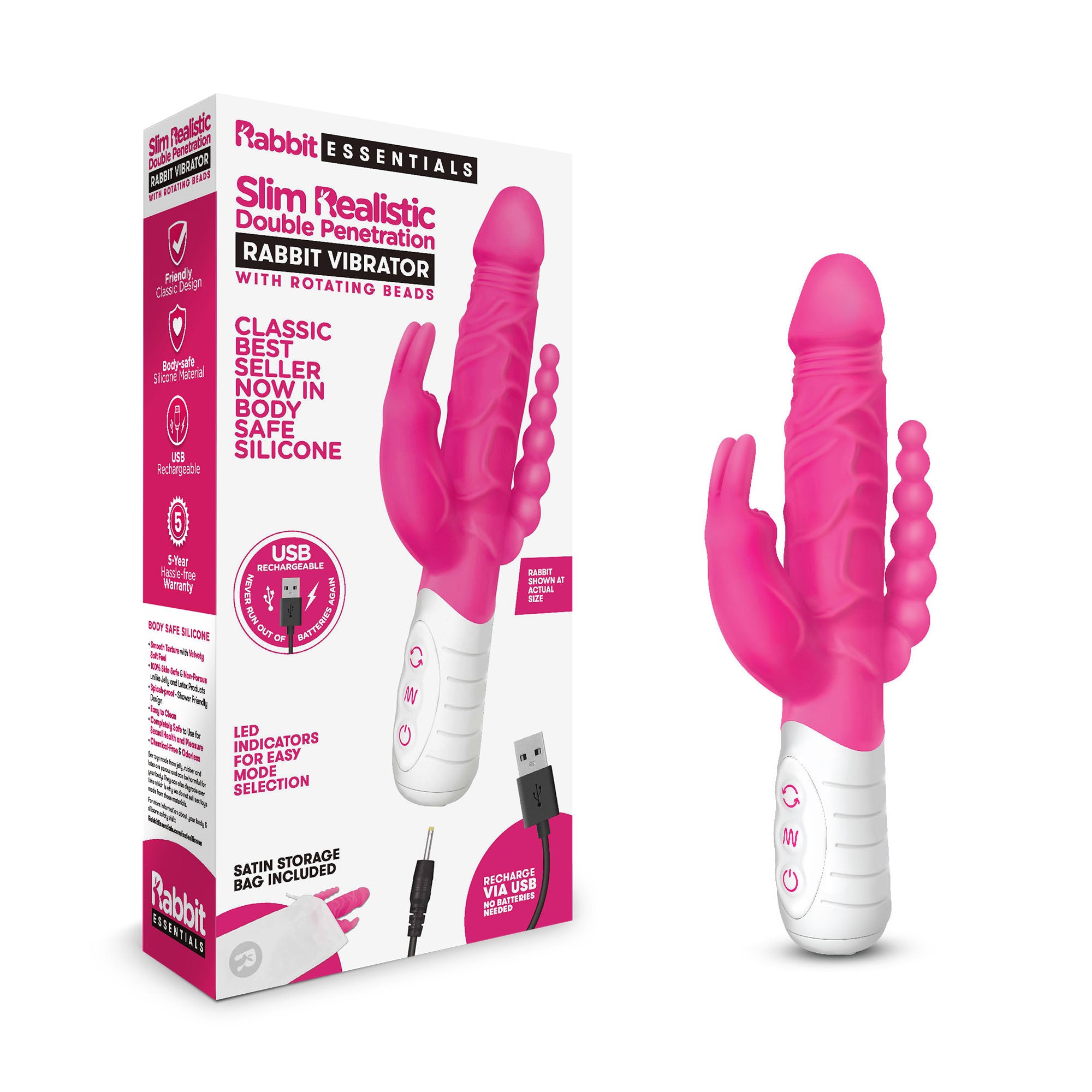 Rechargeable Slim Realistic Double Penetration Rabbit Vibrator - Hot Pink