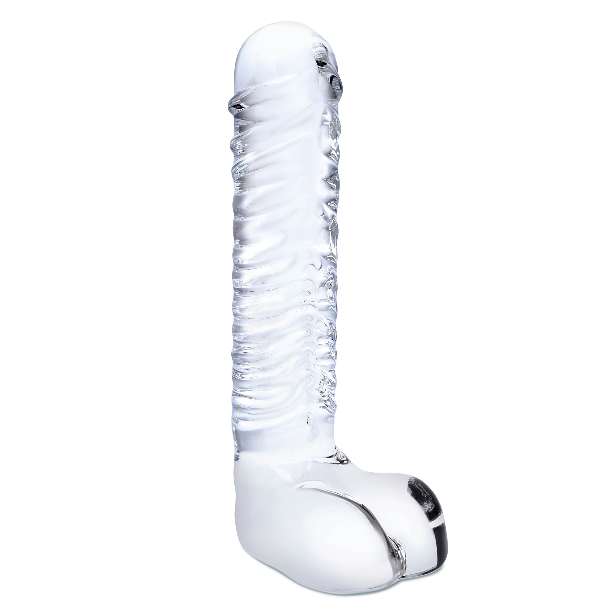 8" Realistic Ribbed Glass  G-Spot Dildo with Balls