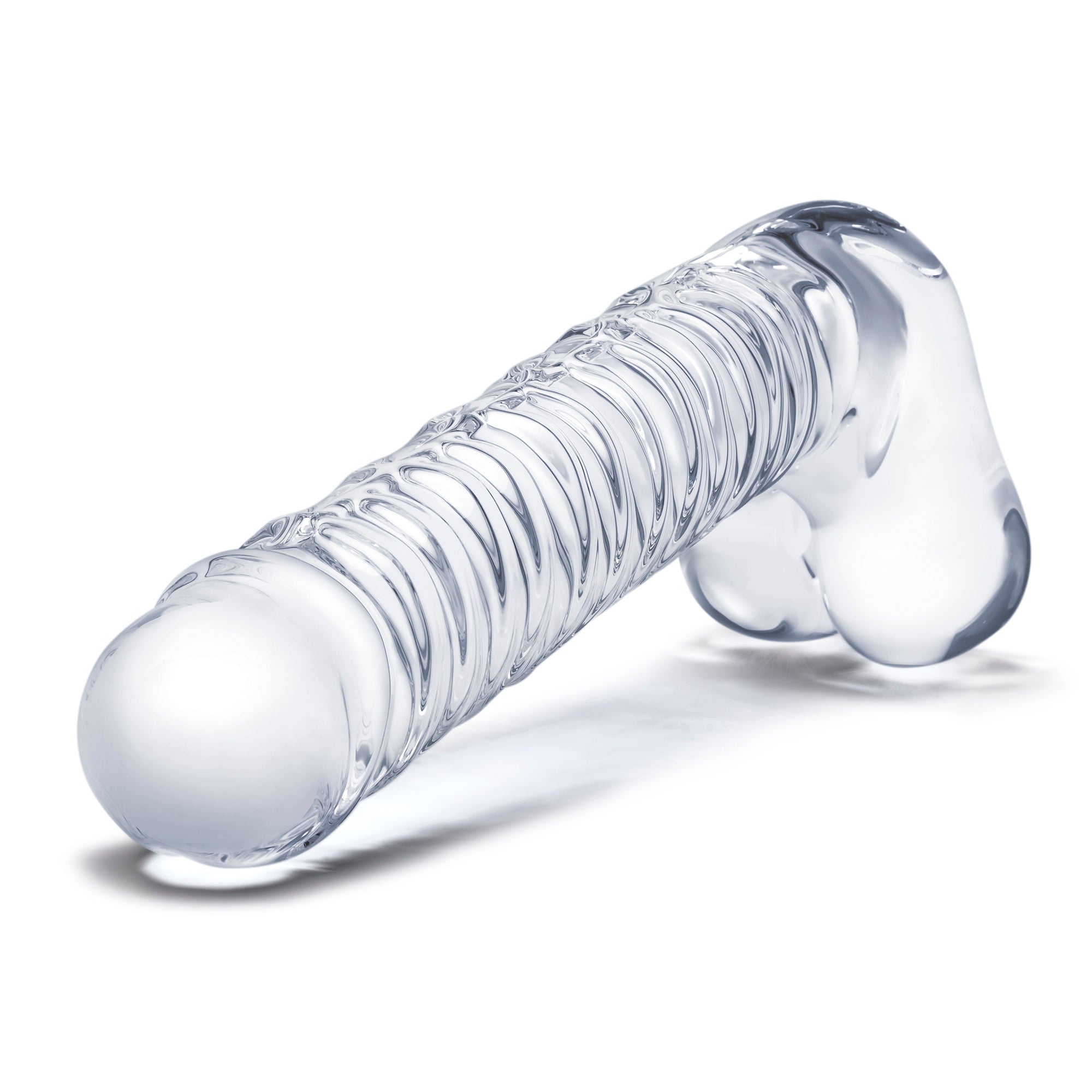 8" Realistic Ribbed Glass  G-Spot Dildo with Balls