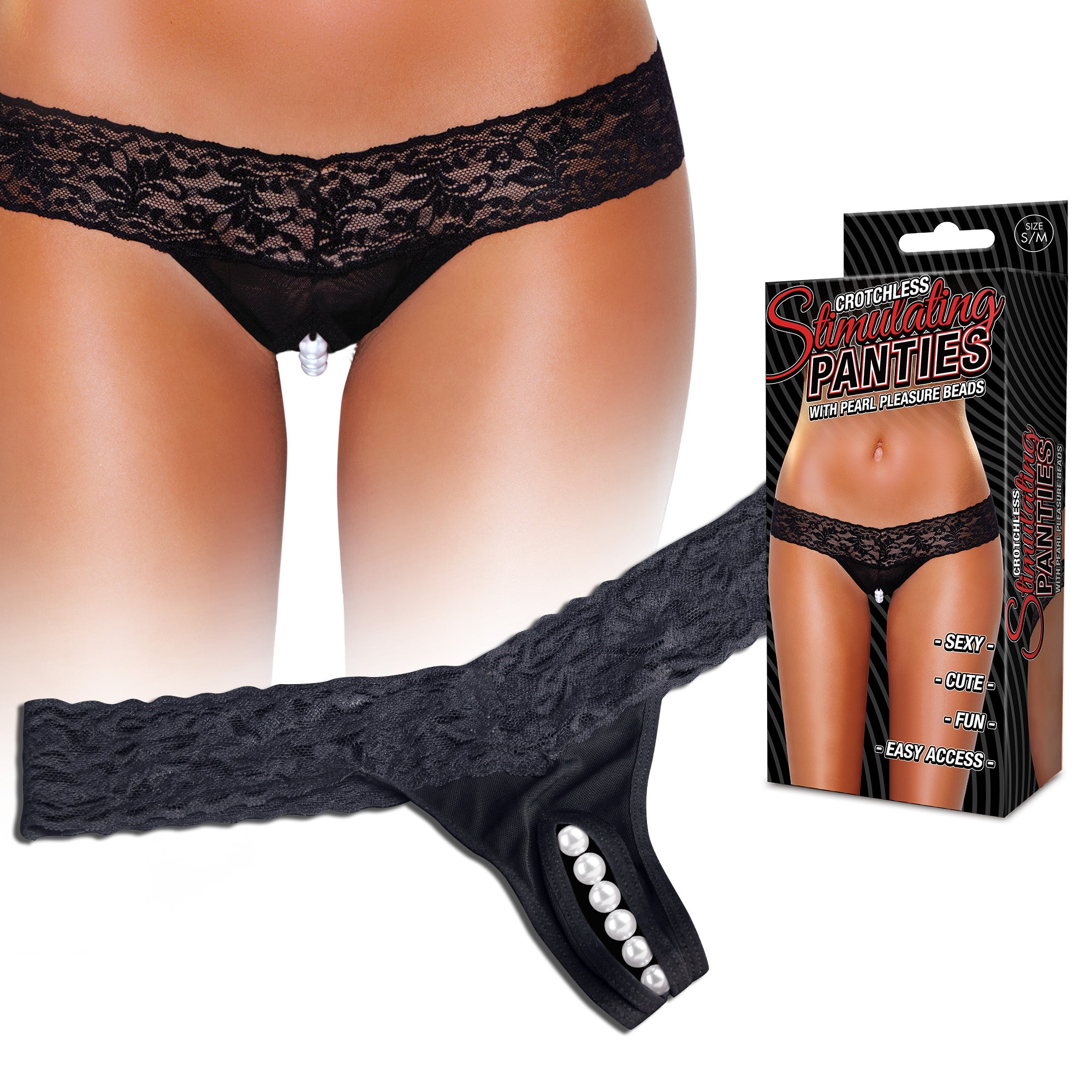 Crotchless Stimulating Panties With Pearl Pleasure Beads - Black