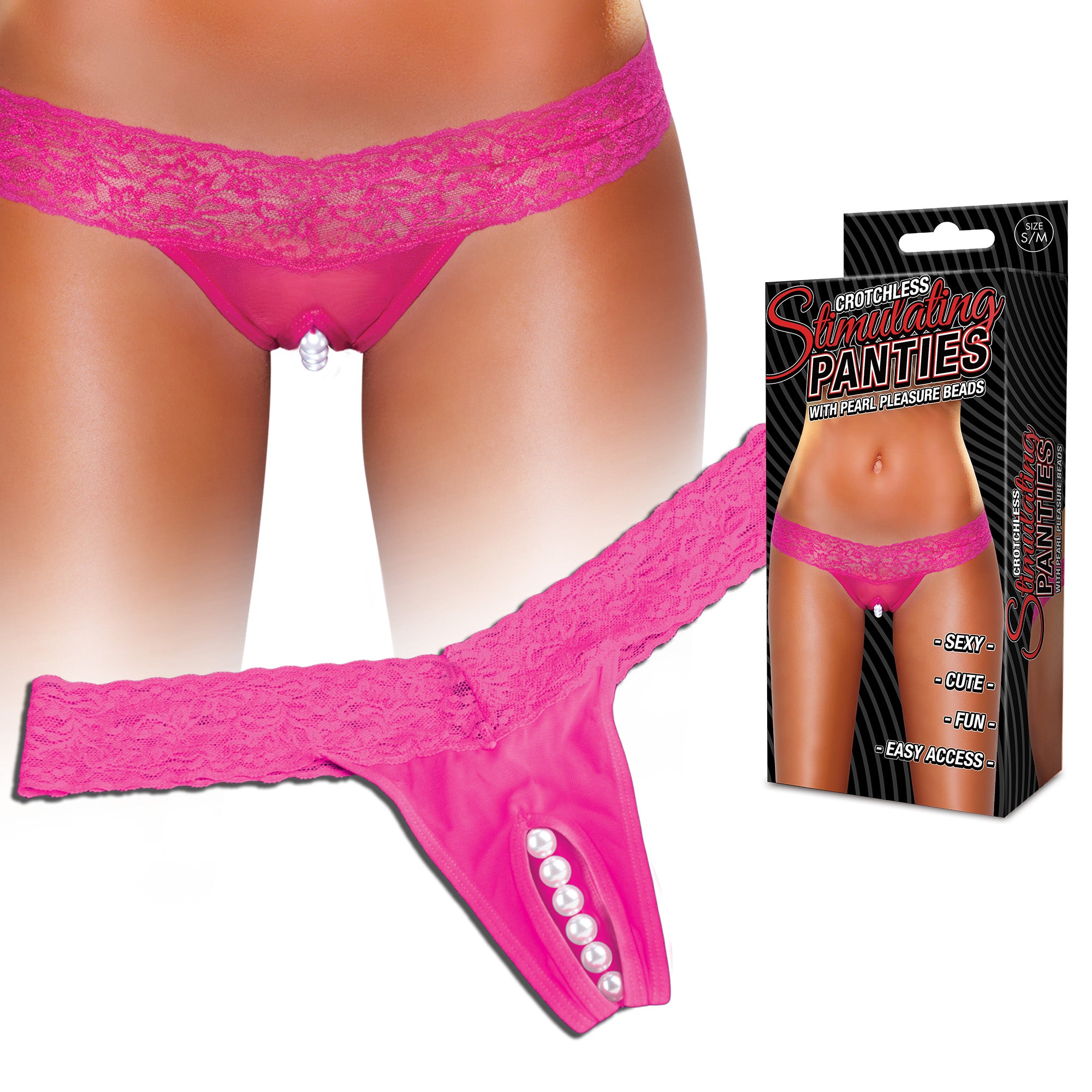 Crotchless Stimulating Panties With Pearl Pleasure Beads - Hot Pink