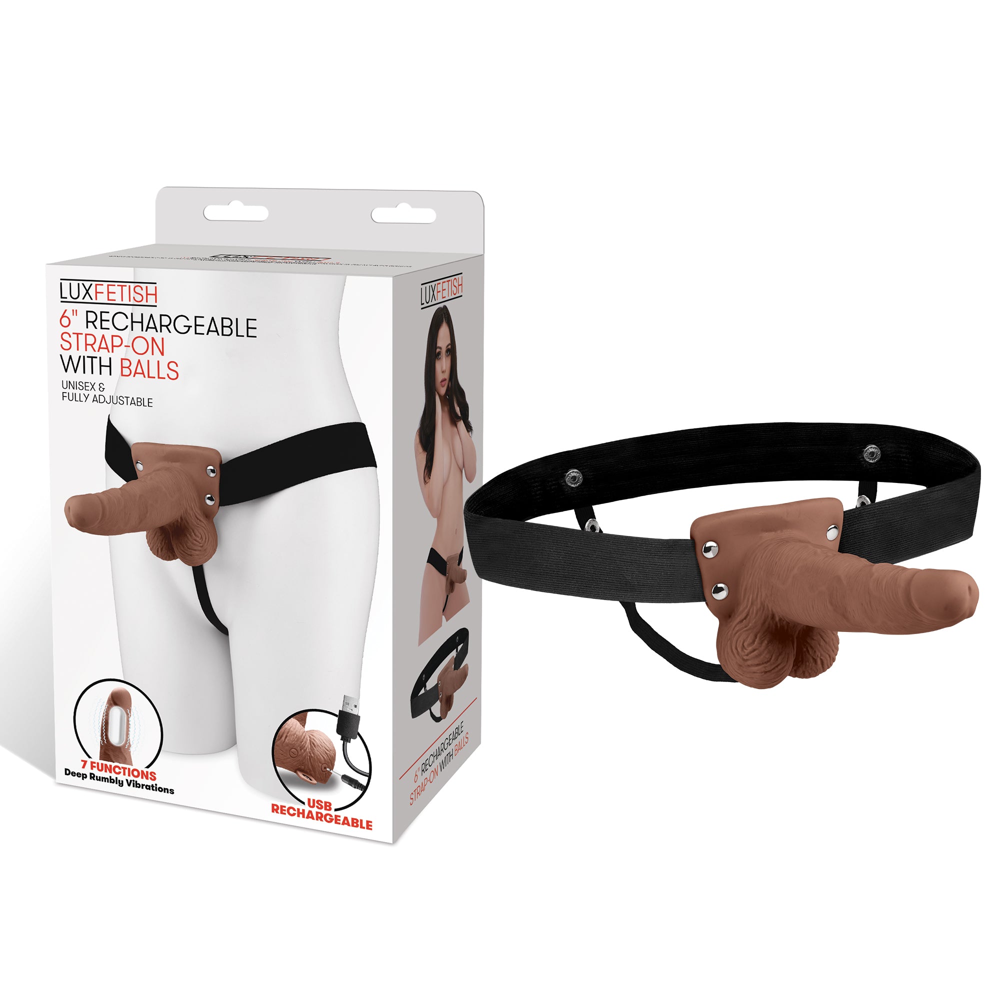 6" Rechargeable Strap-on With Balls - Brown