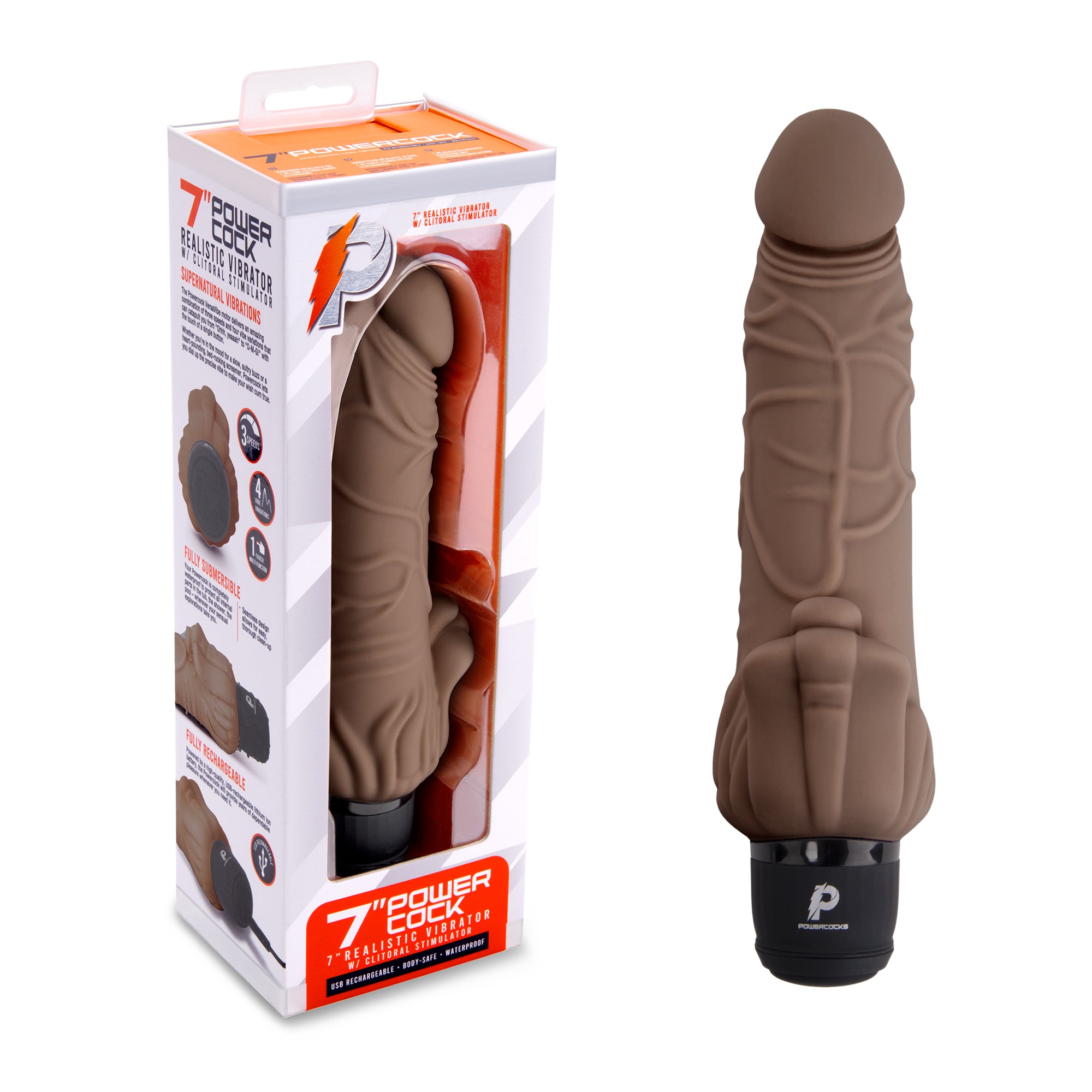 7" Realistic Vibrator with Clitoral Stimulator Dark Brown